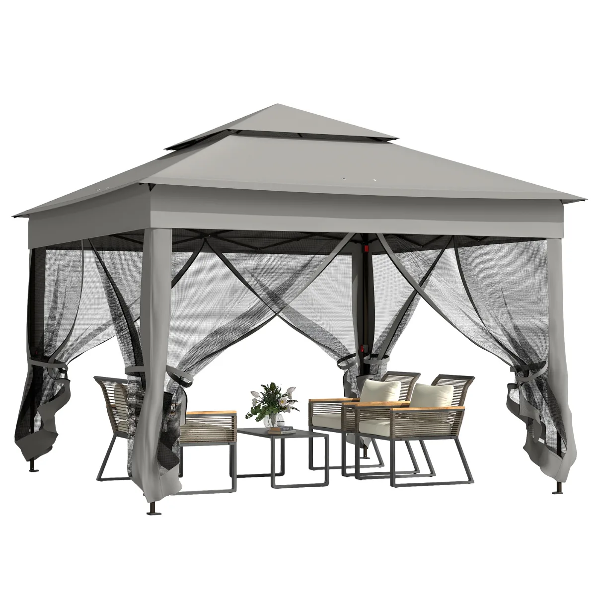 Outsunny 3.25 x 3.25m Pop Up Gazebo with Double Roof and Mesh Curtains, Heavy Duty Folding Party Tent, Dark Grey
