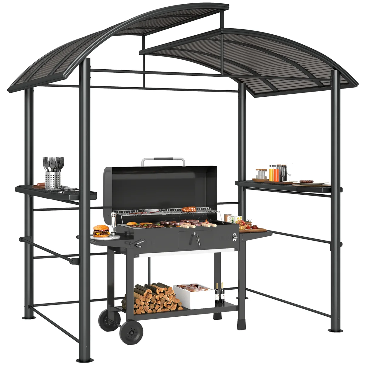 Outsunny Barbecue Gazebo with Polycarbonate Roof and 2 Side Shelves, 240 x 150cm Grill Shelter